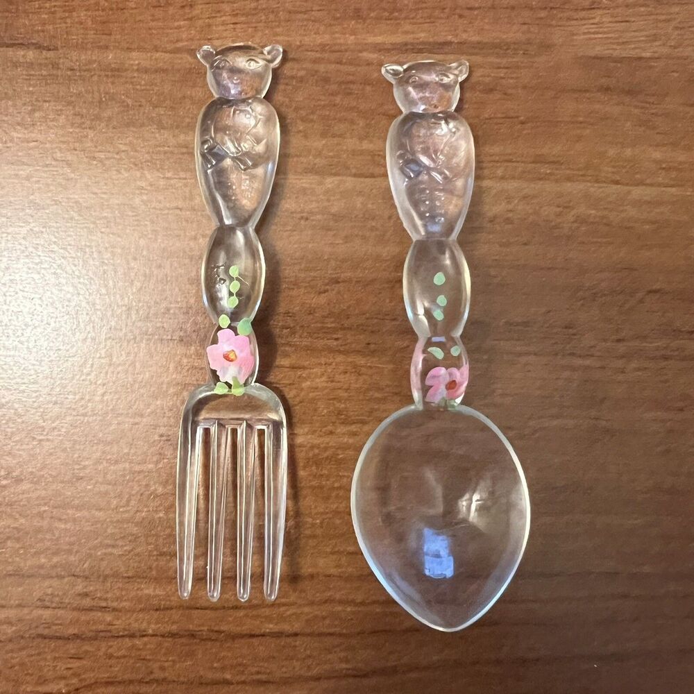 Vintage Athoware Fork & Spoon Acrylic Childs Utensil Set Pig Pink Painted *READ